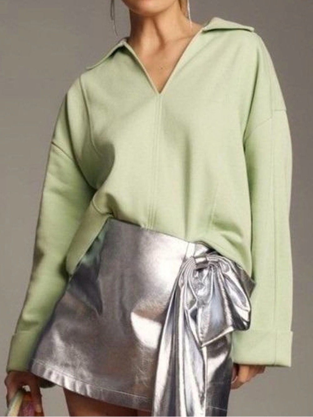 Pilcro Johnny Collar Pullover Sweatshirt Light Green XL